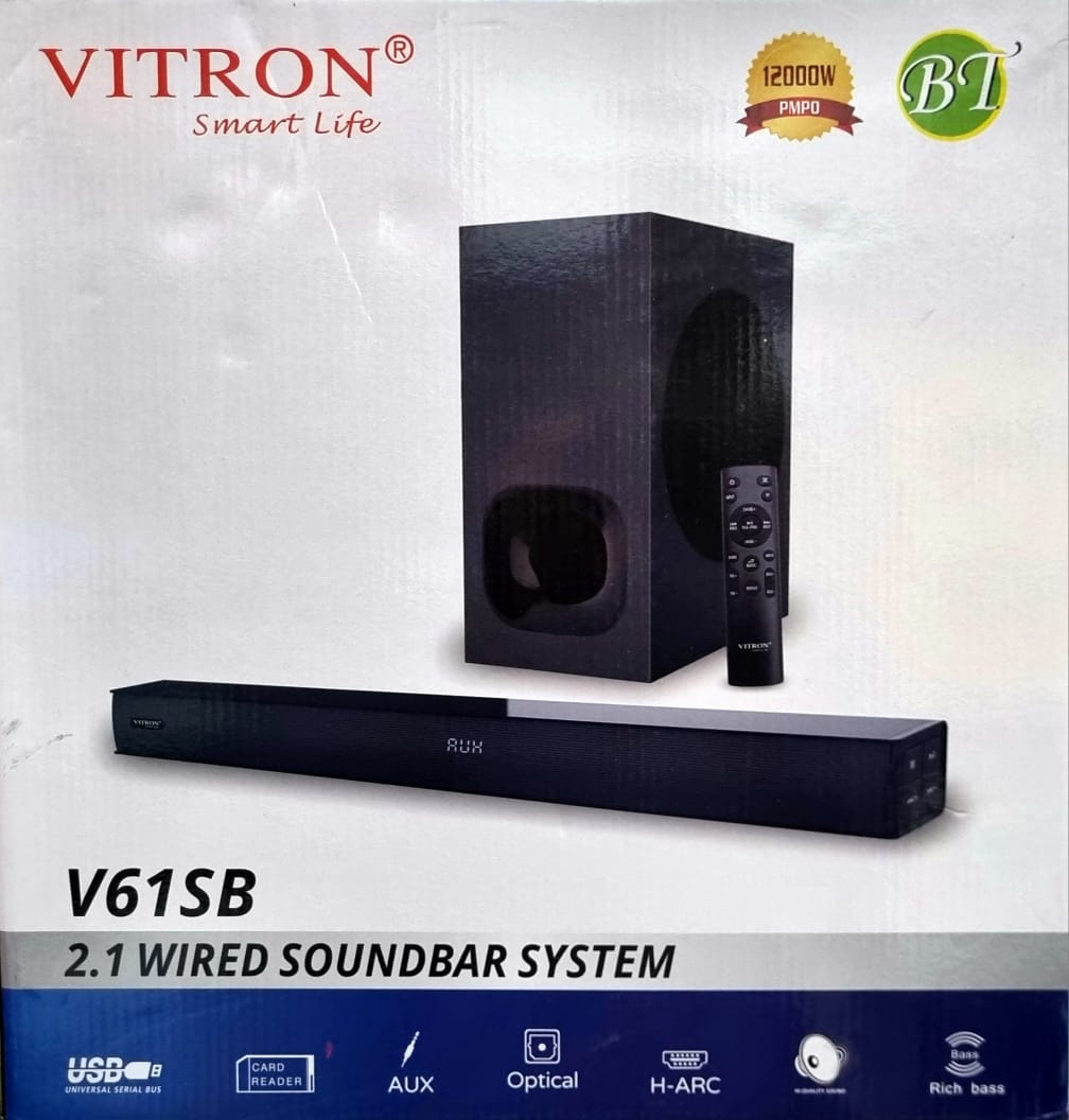 💚Smart life🍂✨️Vitron Soundbar V61SB Remote 12000W PMPO Bluetooth Aux/ OPTICAL.t is Aux/Digital FM ready
it has USB Support
it has a Built in Powerful Amplifier
Can hold an Sd card
It is Bluetooth En
