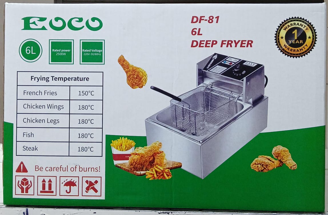 📍Top Quality 📍Eoco Single deep fryers 6litres.Stainless Steel deep fryer for quick and simple frying 

Tank capacity: 6L

Adjustable Temperature Control 

Simple and easy to use

LED light power ind