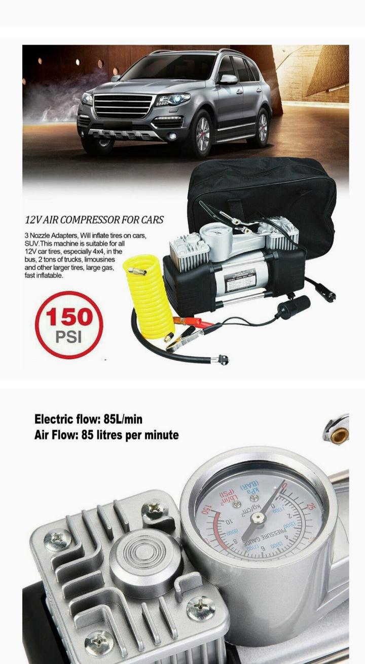 Dual Cylinder Air Compressor Pump, Heavy Duty Portable Air Pump, 150 PSI, Auto 12 V Tire Inflator for Car, Truck, RV, Bicycle and Other Inflatables