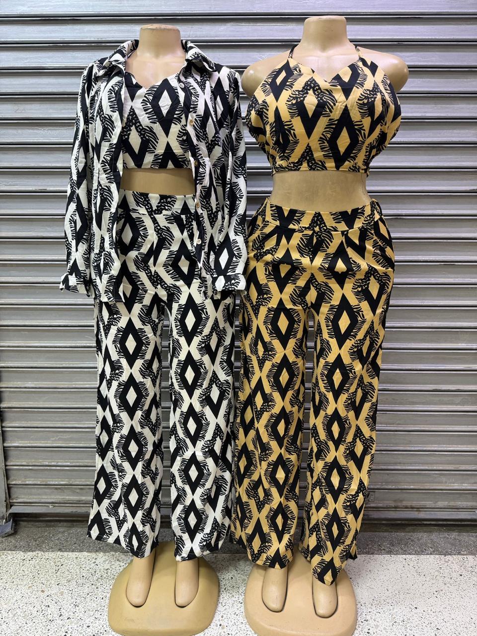 Modern Kulture Print Pant Suits Set Simple Wide Trousers Long-sleeved Shirt & Crop Top Set