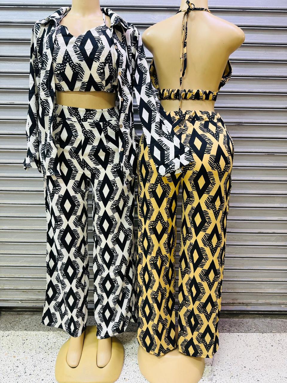 Modern Kulture Print Pant Suits Set Simple Wide Trousers Long-sleeved Shirt & Crop Top Set