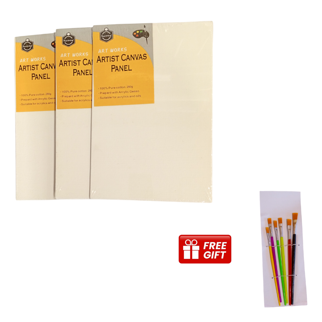 3 Pieces Artist Canvas Panel Boards Set  20 x 30 CM + Free Paint Brushes | Primed Cotton Painting Surface for Acrylic & Oil