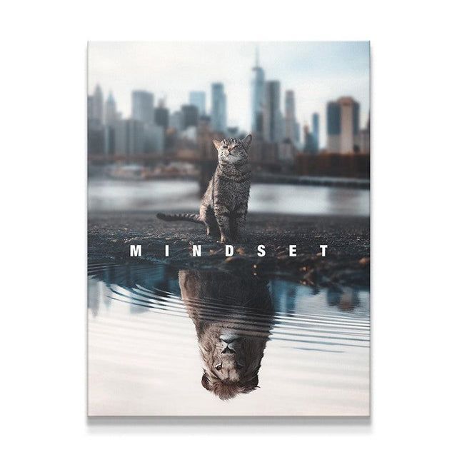 Mindset Is Everything - Cat Lion Reflection Motivational Canvas Art