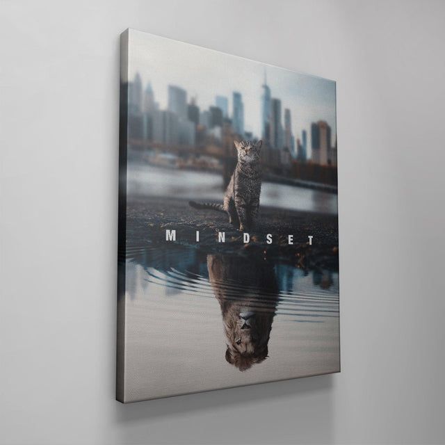 Mindset Is Everything - Cat Lion Reflection Motivational Canvas Art