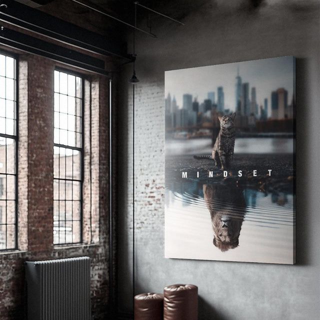 Mindset Is Everything - Cat Lion Reflection Motivational Canvas Art