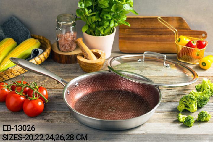Edenburg 26cm Frying Pan With Lid.Elevate your frying game with the Edenberg Deep Fry Pan. Designed for perfection, this 26cm Tri-Ply Stainless Steel pan, featuring SUS-304 and SUS-430 layers, offers