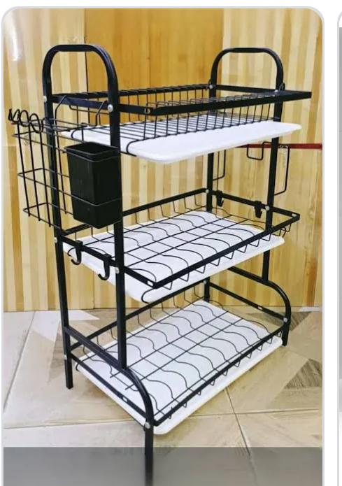 🍆3 Tier High quality carbon steel dish racks🍆**Made with heavy-duty stainless steel
Long-lasting
Descent size, 
Capable of holding quite a large number of dishes, utensils & cutting board.
Compartme