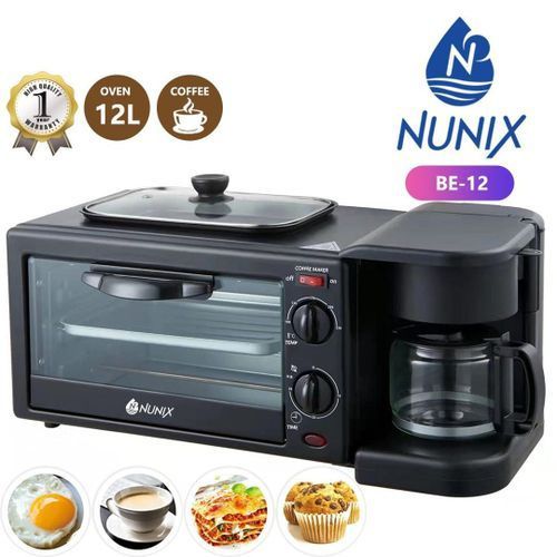 Nunix 3-in-1 multifunctional breakfast maker, model BE-12. 
It combines a 12L toaster oven, a griddle, and a 3-cup coffee maker into one compact appliance. 
The toaster oven has a 30-minute timer and