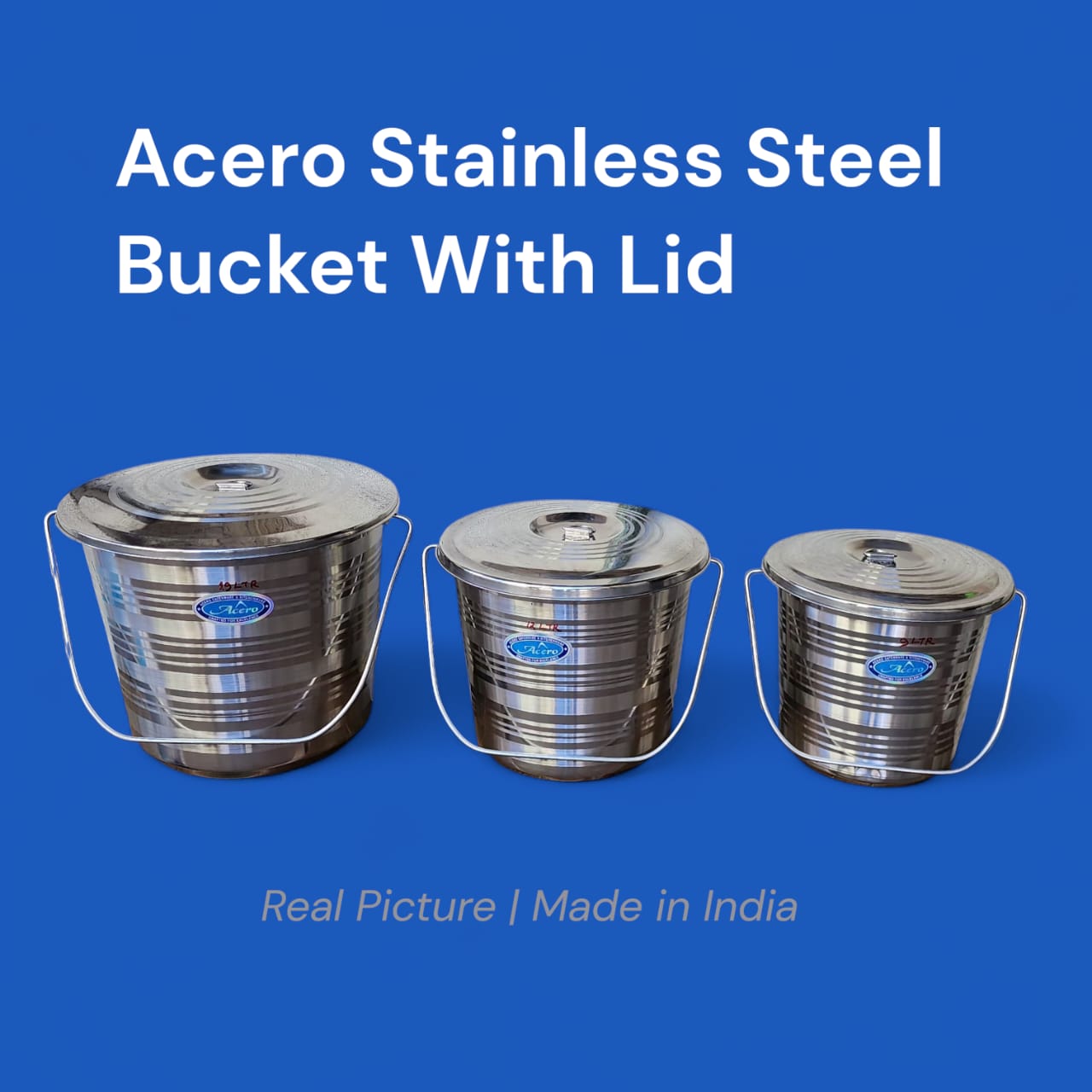 Acero Stainless Steel Bucket with Lid
9 Litres
12 Litres 
19 Litres – Upgrade your home or commercial use with this premium Acero stainless steel bucket, designed for durability, hygiene, and everyday