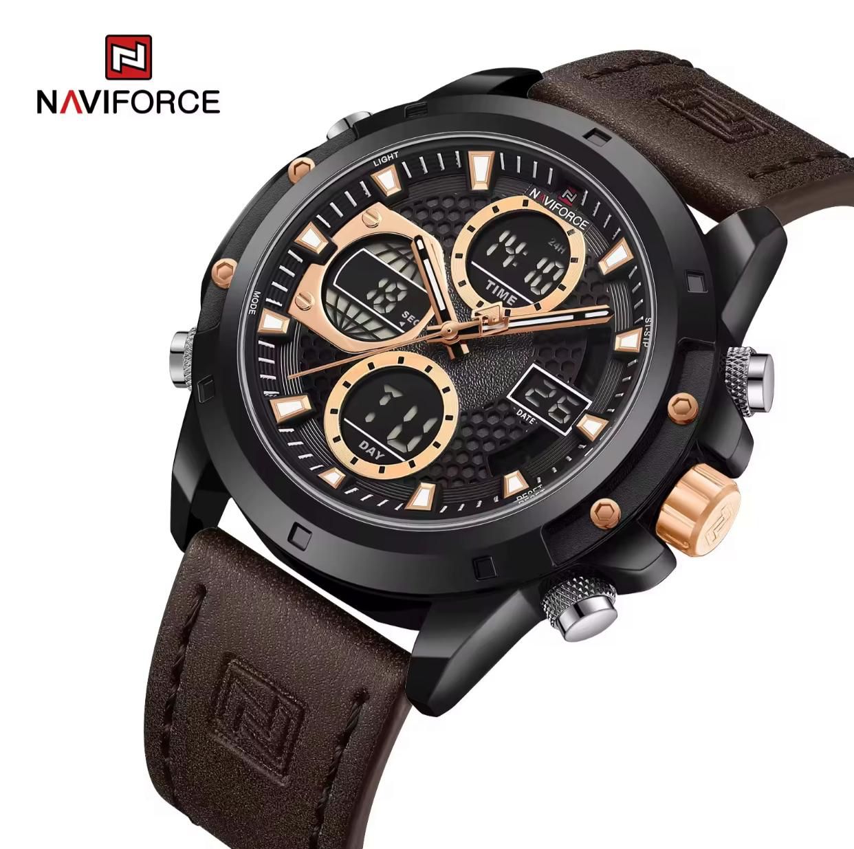 NAVIFORCE GENTS WATCH ☑️Digital and Analogue Display

☑️Water resistant

☑️Power button

☑️Battery powered 

☑️Digital day&Date Display



        ❇️Blue,Coffee brown&Black