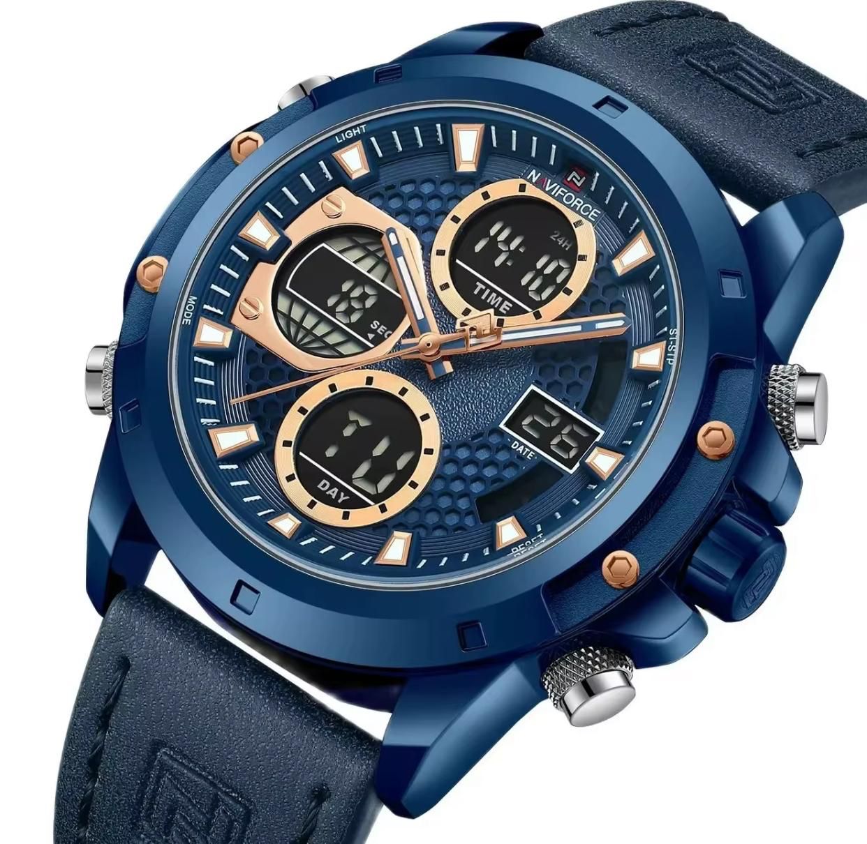 NAVIFORCE GENTS WATCH ☑️Digital and Analogue Display

☑️Water resistant

☑️Power button

☑️Battery powered 

☑️Digital day&Date Display



        ❇️Blue,Coffee brown&Black