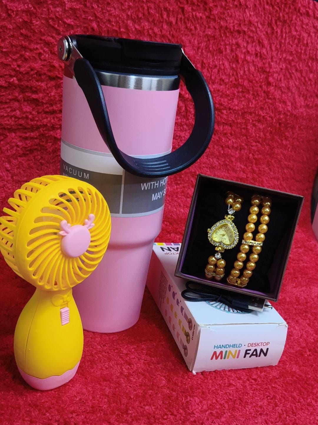 ♦️900 ml insulated mug(can keep hot or cold 
♦️ portable fan 
♦️ Watch+bracelet+gift box
♦️