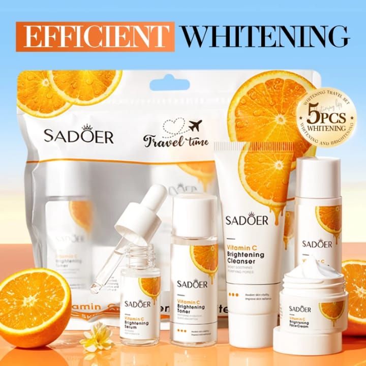 SADOER 5-in-1 Vitamin C Skin Care Sets Facial Cleanser Toner Face Cream Serum Lotion Whitening Moisturizing Face Travel Size Skin Care