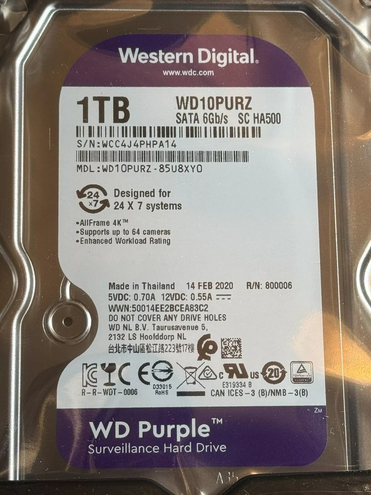 Western Digital Purple B,Internal,5400 RPM,3.5 inch (WD40PURX) Hard Drive