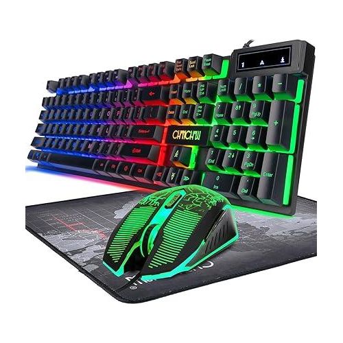 Keyboard and Mouse Gaming LED Wired Combo with Emitting Character Keyboard 4800DPI 2 Side Button USB Mouse Rainbow Backlit Mechanical Feeling Compatible with PC Raspberry Pi Mac Xbox one ps4