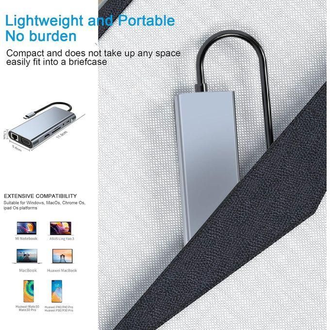 USB C HUB, USB C Adapter 10 in 1 Dongle with 4K HDMI, Type C PD, VGA, USB3.0, RJ45 Ethernet, SD/TF Card Reader, 3.5mm AUX, Docking Station Compatible with MacBook Pro/Air, Other Type C Laptops