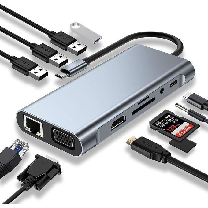 USB C HUB, USB C Adapter 10 in 1 Dongle with 4K HDMI, Type C PD, VGA, USB3.0, RJ45 Ethernet, SD/TF Card Reader, 3.5mm AUX, Docking Station Compatible with MacBook Pro/Air, Other Type C Laptops
