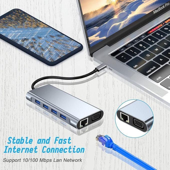 USB C HUB, USB C Adapter 10 in 1 Dongle with 4K HDMI, Type C PD, VGA, USB3.0, RJ45 Ethernet, SD/TF Card Reader, 3.5mm AUX, Docking Station Compatible with MacBook Pro/Air, Other Type C Laptops