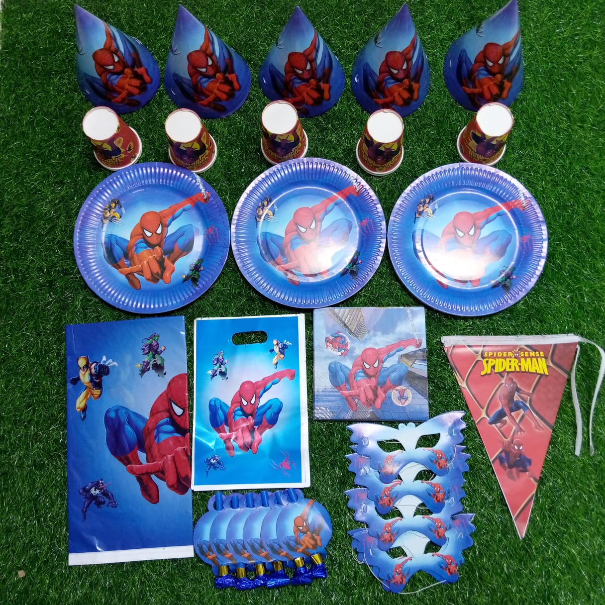 Themed party packs [spiderman/blue/boys or unicorn/pink/girls] - paper cups, plates, serviettes, hats, table cloth, party popper, banner, masks, blowers and balloons