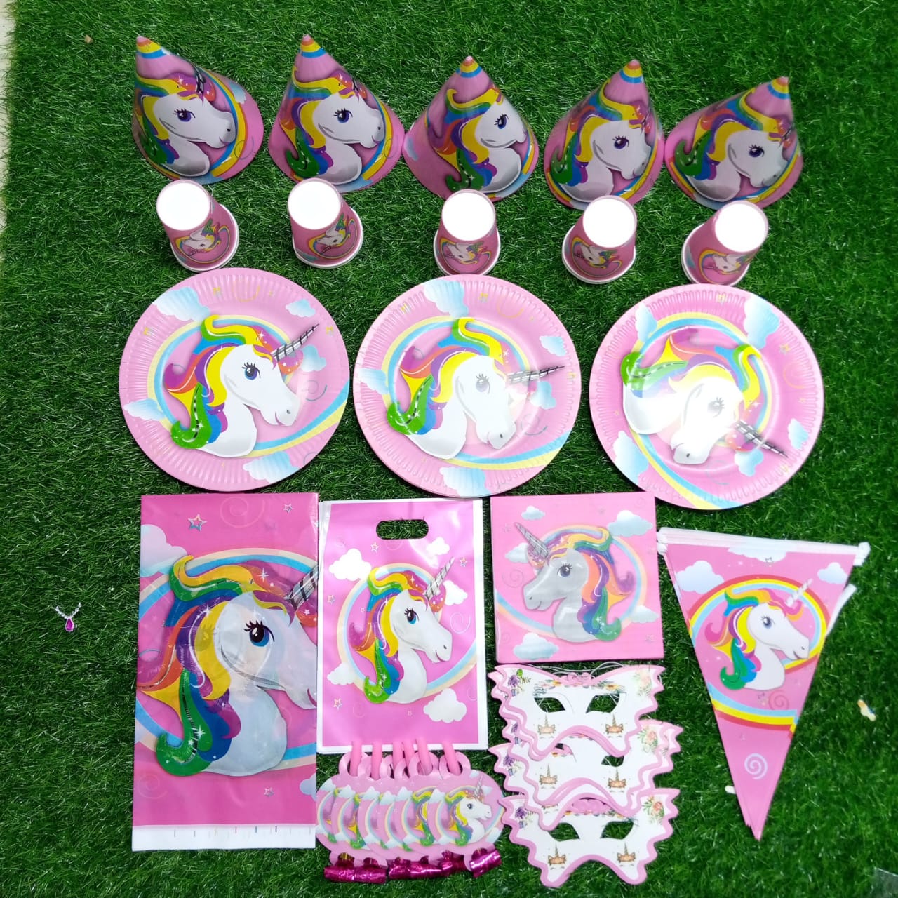 Themed party packs [spiderman/blue/boys or unicorn/pink/girls] - paper cups, plates, serviettes, hats, table cloth, party popper, banner, masks, blowers and balloons