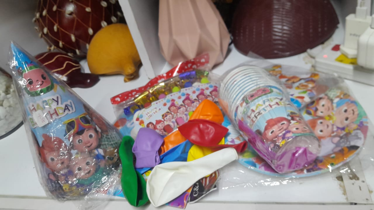 Cocomelon theme kids party decorations set - paper hats, cups, plates, masks, blowers, table cloth, party popper, balloons