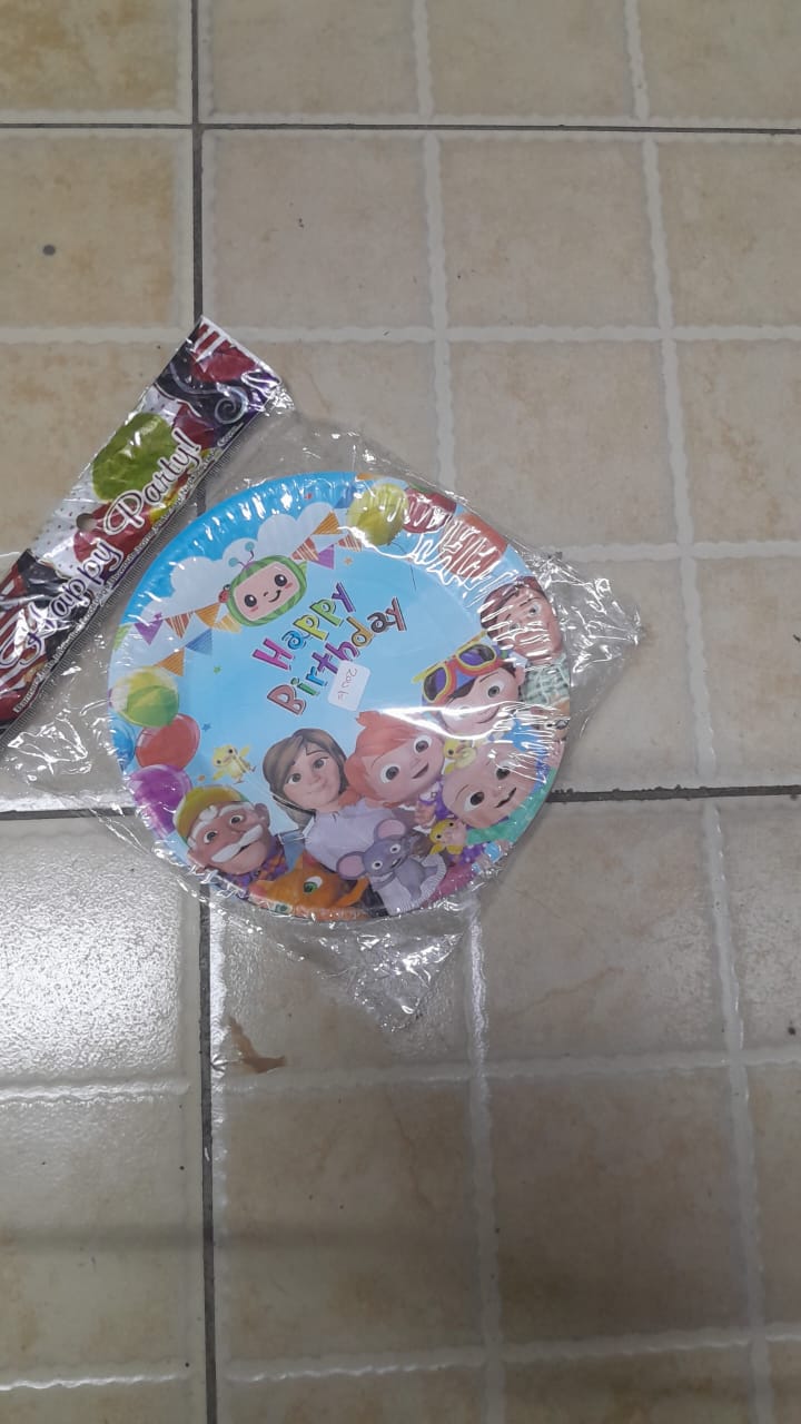 Cocomelon theme kids party decorations set - paper hats, cups, plates, masks, blowers, table cloth, party popper, balloons