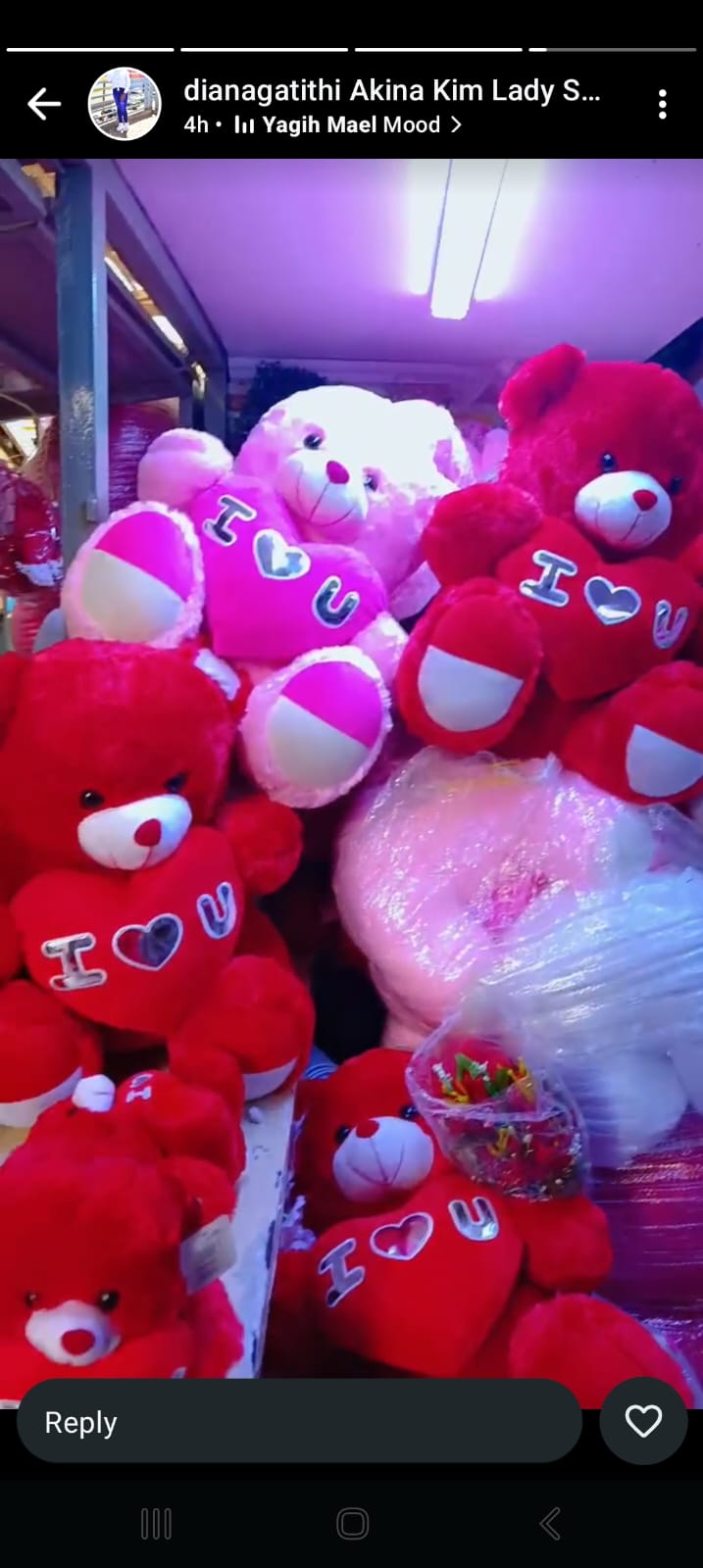 Valentine Teddy bear 40cm long and a bunch of wrapped artificial flowers and in a gift bag
