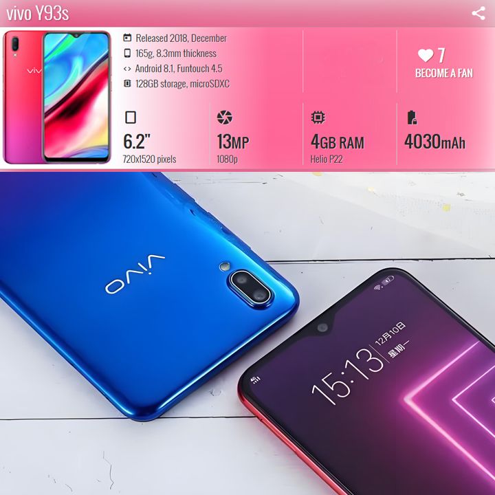 Refurbished vivo Y93S phone 100%Original 128GB 4GB Mobile Phone smart phones Dual SIM 128GB