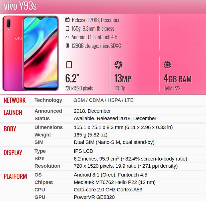 Refurbished vivo Y93S phone 100%Original 128GB 4GB Mobile Phone smart phones Dual SIM 128GB