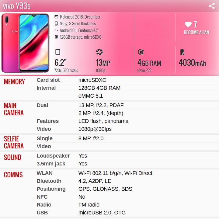 Refurbished vivo Y93S phone 100%Original 128GB 4GB Mobile Phone smart phones Dual SIM 128GB