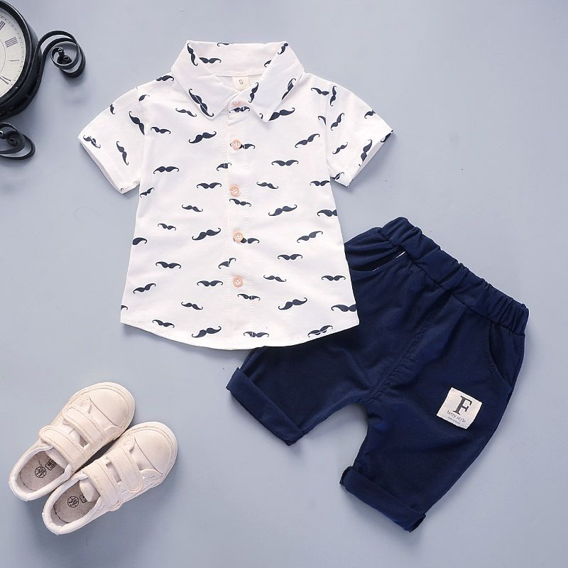 Buy 1 get 1 Summer Baby Clothing Set for Boys Tracksuit Kids Clothes T-shirt +Short 2PCS Set Cartoon Moustache Baby Sport Suit White 12M