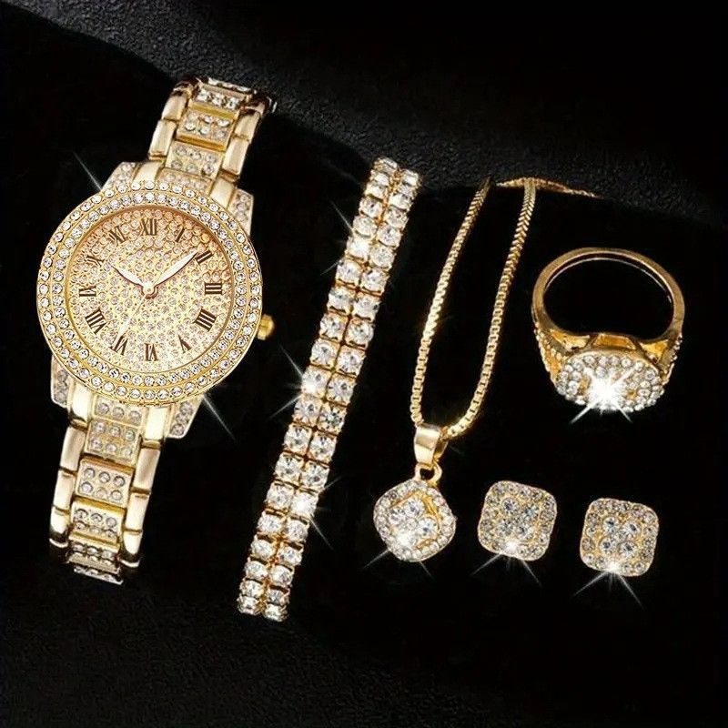 Women's Diamond Watch Ring Necklace Earrings Bracelet Set Fashion Wristwatch Female Casual Ladies Quartz Watches Jewelry Set Gold ONE SIZE