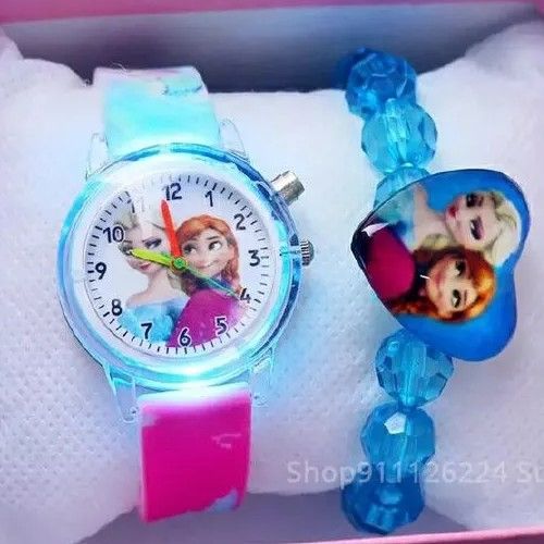 Fashion Cartoon Flash Light Girls Watches Kids with Bracelet Silicone Strap Princess Elsa Children Watches Clock pink one size