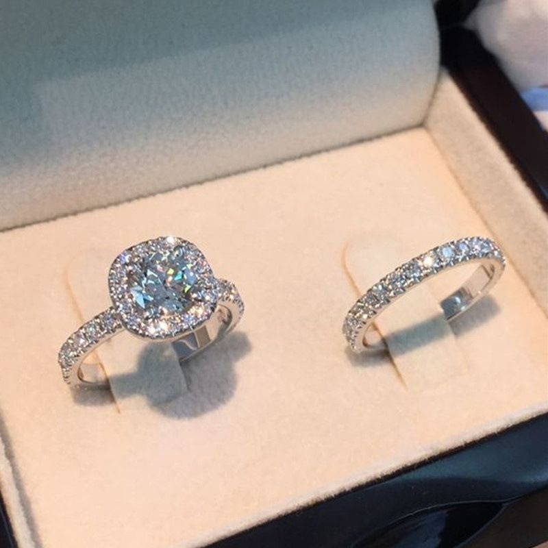 ❤️High quality ❤️2pc wedding engagement ring bridal ring square inlaid zircon ring jewelry couple set ring, ladies size 5-11 Silver 4