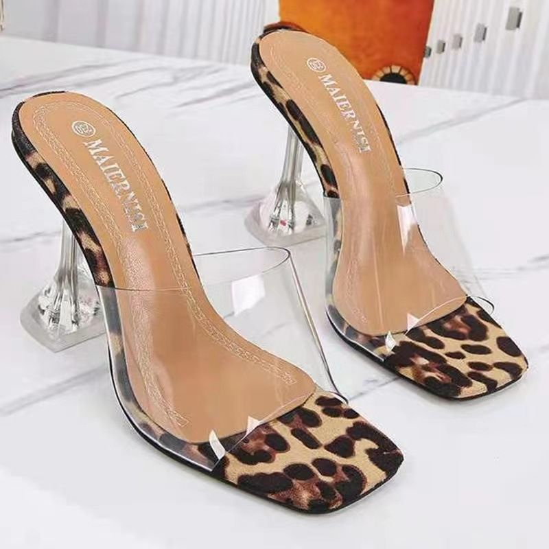 High Heel Sandals Large Size Leopard Print Transparent Belt Fashion Square Toe Open Toe Women's Shoes