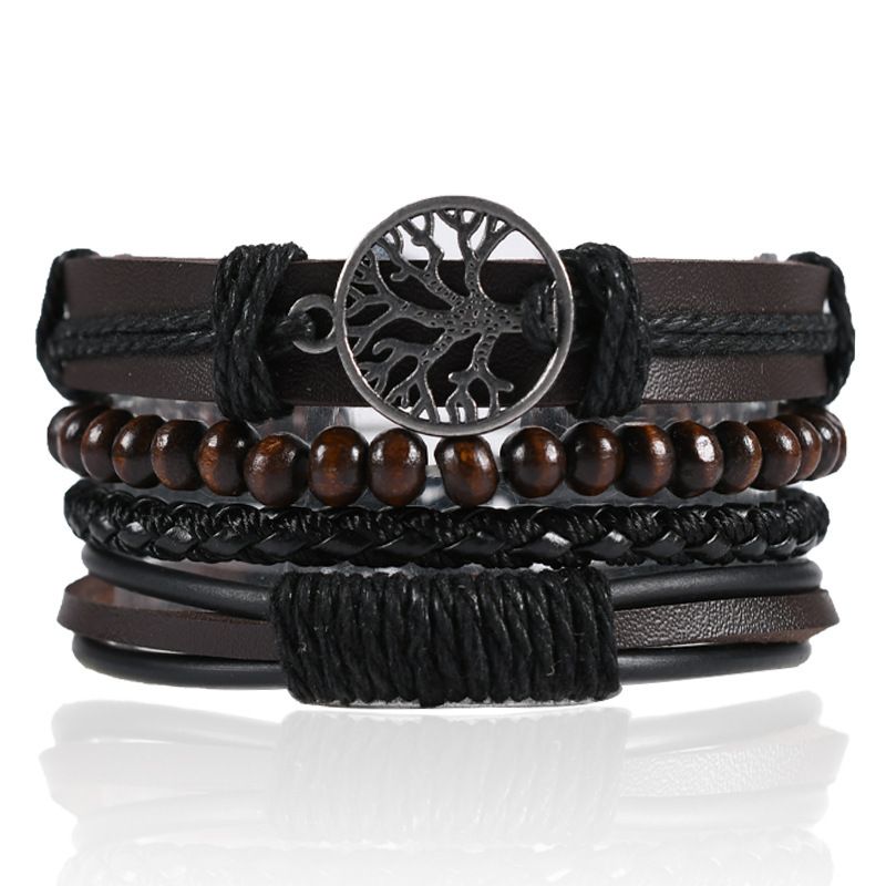 4Pcs/ Set Braided Wrap Leather Bracelets for Men Vintage Life Tree Rudder Charm Wood Beads Ethnic Tribal Wristbands A one size
