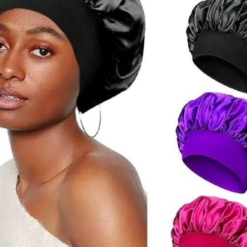 3Pcs Satin Bonnet Silk Hat Hair Bonnet Sleeping Elastic Wide Band Silk Sleep Cap Soft Breathable Silk Hair Wrap Sleeping Headwraps Black+Purple+Red one size