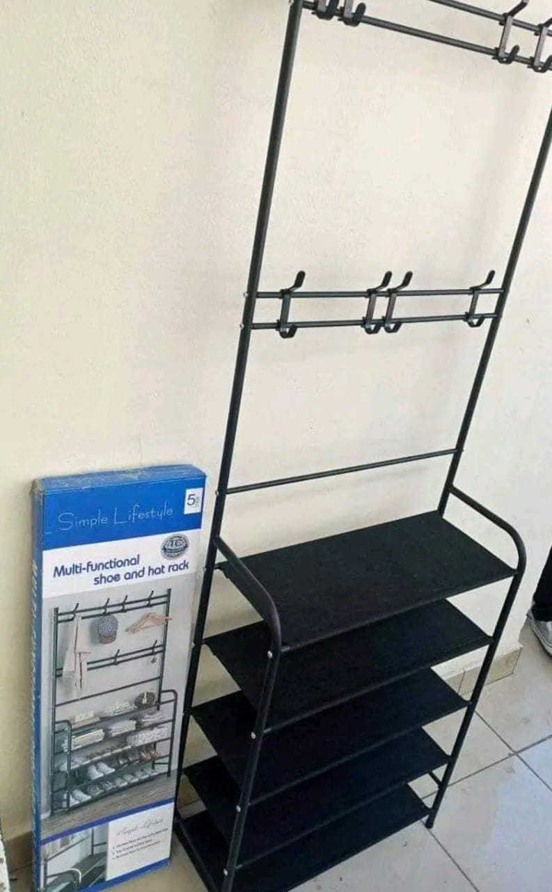 Strong multifunctional shoerack and hatrack, 5 Tier Shoe Rack Organiser + Simple Floor Coat Hat Rack with 8 hooks Storage Organizer,Space for 
 20 Pairs of Shoes