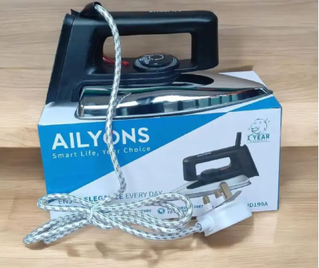 AILYONS HD-199A Electric Dry Iron Box Silver & Black.Power: 1000W Dry ironing function With coating stainless soleplate Durable & high-performance Overheat and fusing protection Adjustable thermostat
