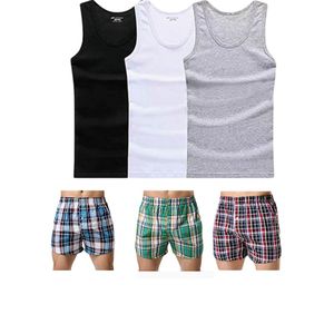 Classic 6Pack Gentlemen Top Quality Underwear Pure Cotton 3checked Boxers And 3 Men's Vest