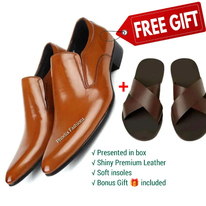Brown Leather Formal Men’s Shoes – Premium Quality Office Wear with Free Stylish Sandals – Elegant, Durable & Comfortable Footwear for Daily & Special Occasions