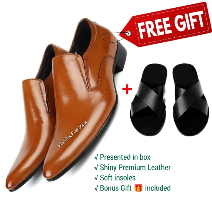 Brown Leather Formal Men’s Shoes – Premium Quality Office Wear with Free Stylish Sandals – Elegant, Durable & Comfortable Footwear for Daily & Special Occasions