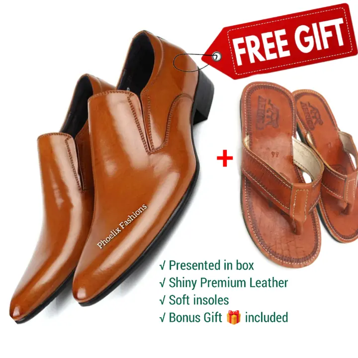 Brown Leather Formal Men’s Shoes – Premium Quality Office Wear with Free Stylish Sandals – Elegant, Durable & Comfortable Footwear for Daily & Special Occasions