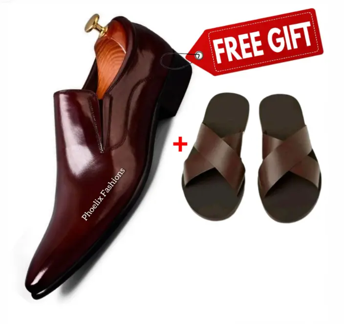 Brown Leather Formal Men’s Shoes – Premium Quality Office Wear with Free Stylish Sandals – Elegant, Durable & Comfortable Footwear for Daily & Special Occasions