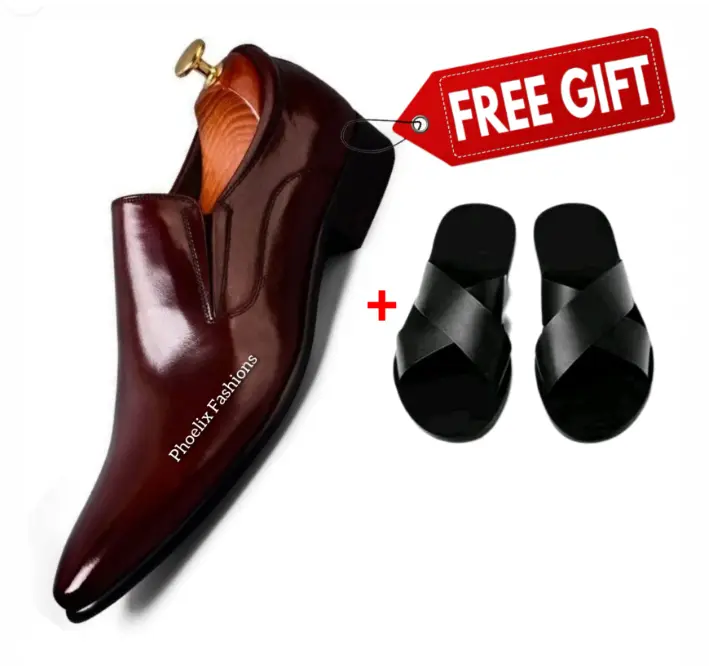 Brown Leather Formal Men’s Shoes – Premium Quality Office Wear with Free Stylish Sandals – Elegant, Durable & Comfortable Footwear for Daily & Special Occasions