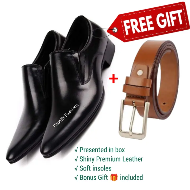Black Leather Official Men’s Shoes – Elegant, Durable, All-Day Comfort Formal Footwear for Office, Business, Wedding & More + Free Genuine Leather Belt for Stylish Look