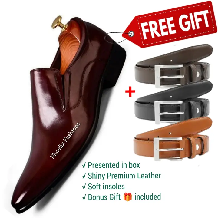 Formal Italian Design Casual & Official Leather Slip-On Shoes for Men – Stylish, Comfortable & Durable Footwear for All Occasions + Free 3 Pure Leather Belts