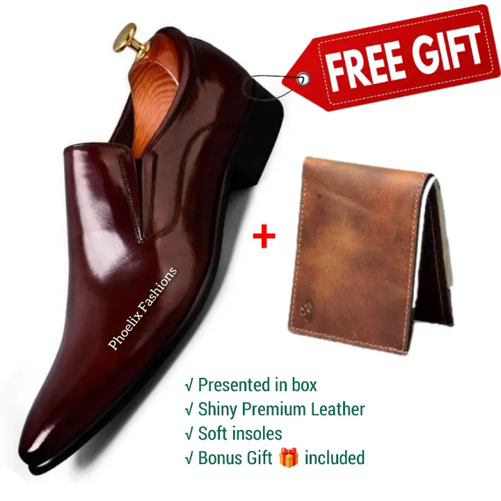 Formal Italian Design Leather Slip-On Men’s Shoes – Stylish, Comfortable & Versatile Footwear for Casual & Official Wear + Free Brown Genuine Leather Wallet