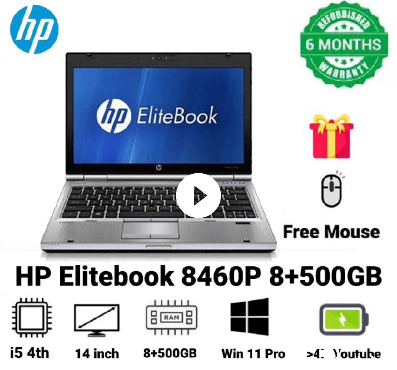 {FREE BAG } HP ELITEBOOK 8460P CORE I5 8GB RAM 500GB HDD  4TH GENERATION REFURBISHED  LAPTOP 14" INCH WINDOWS 10 PRO PLUS +  FREE MOUSE LAPTOPS COMPUTER PC NOTEBOOK
