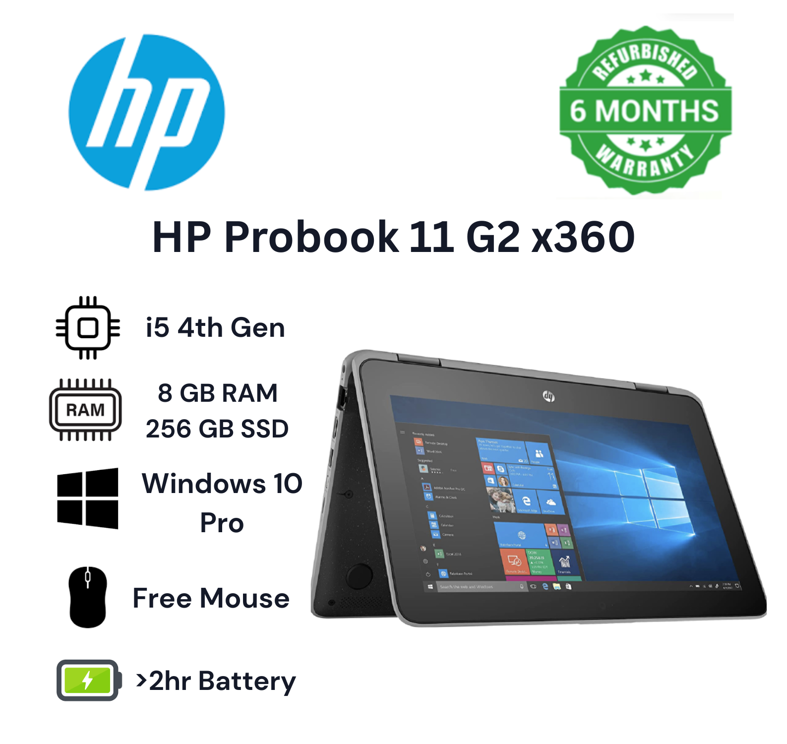 HP PROBOOK 11 G2 | CORE I5| 8GB RAM | 256GB SSD |TOUCHSCREEN |X360 REFURBISHED LAPTOP|WINDOWS 10 PRO+FREE MOUSE 2 IN 1 LAPTOP